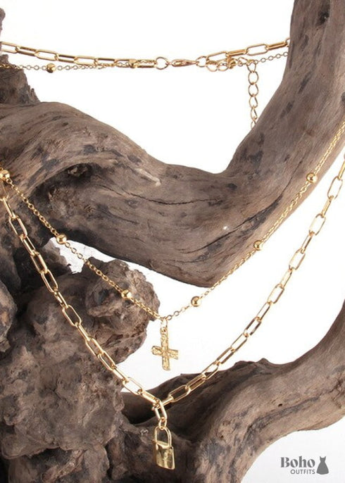 Boho Necklace, RH Two Layer Copper Gold Lock and Key